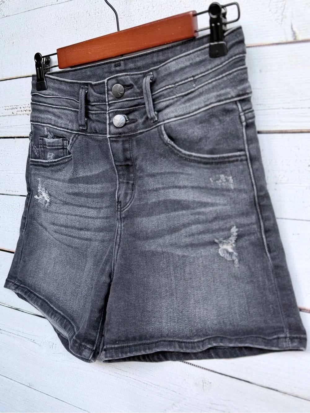 KanCan High-Rise Distressed Double Button Denim Shorts - Size 27